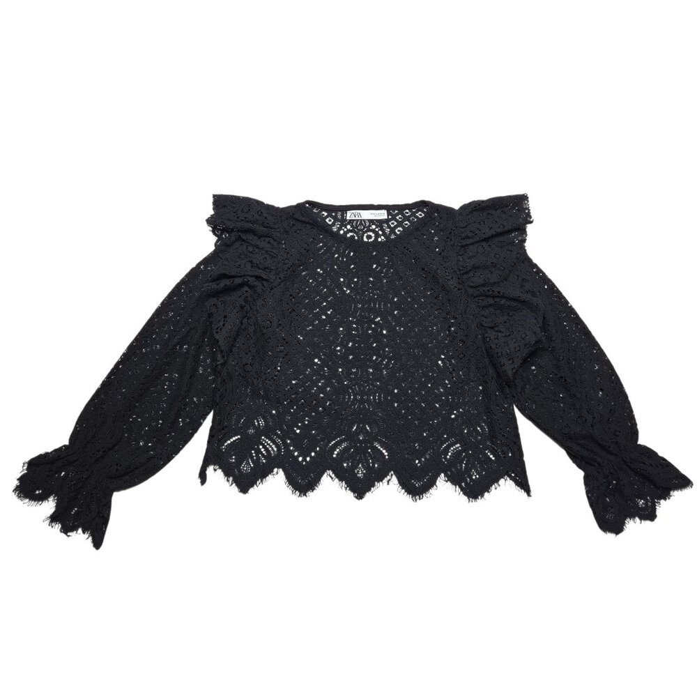 Zara Crop Top Women Medium Black Sheer Open Knit Bell Sleeve Whimsigoth Ruffle